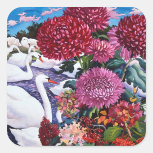 Swans and Chrysanthemums 2005 Square Sticker