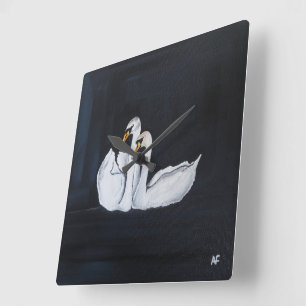 Swans at Night Painting by Alfred Fox Square Wall Clock