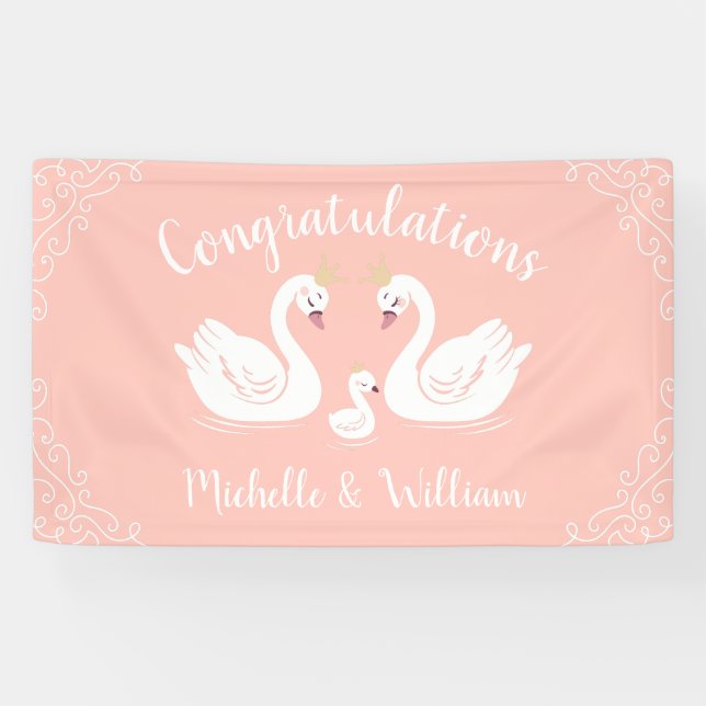 Swans Baby Shower Bird with Crown Co-Ed Peach Banner (Horizontal)