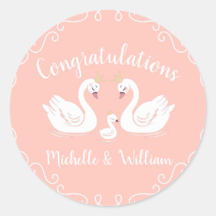 Swans Baby Shower Bird with Crown Co-Ed Peach Classic Round Sticker