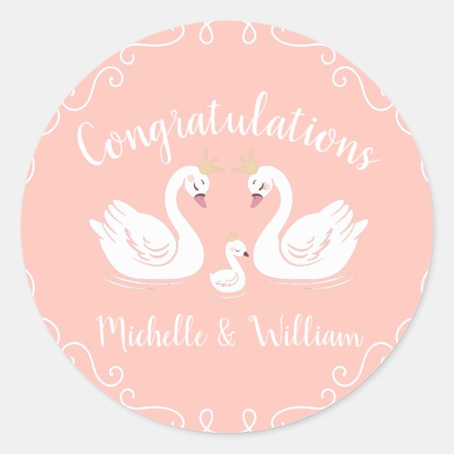 Swans Baby Shower Bird with Crown Co-Ed Peach Classic Round Sticker (Front)