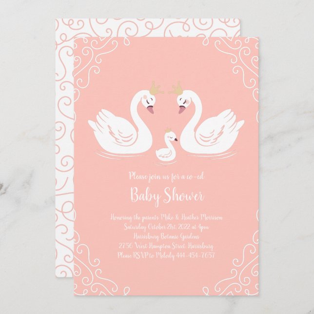 Swans Baby Shower Bird with Crown Co-Ed Peach Invitation (Front/Back)