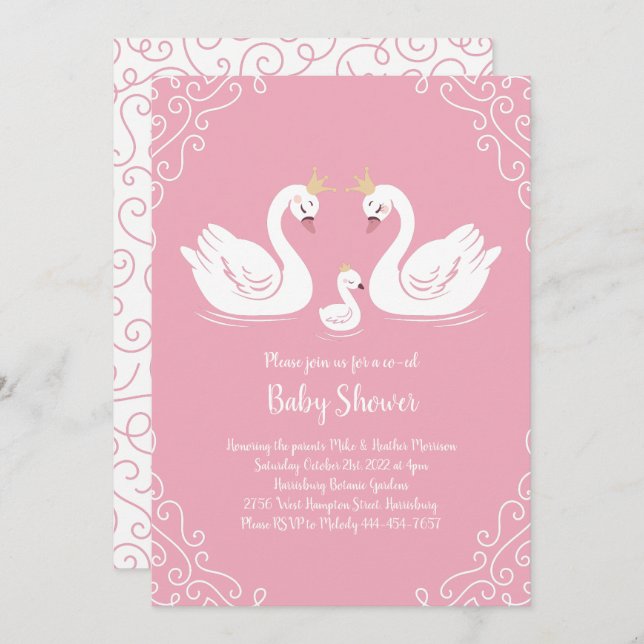 Swans Baby Shower Bird with Crown Co-Ed Pink Invitation (Front/Back)