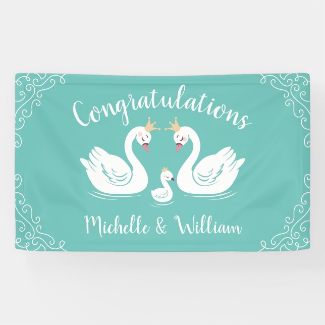 Swans Baby Shower Bird with Crown Co-Ed Teal Banner (Horizontal)