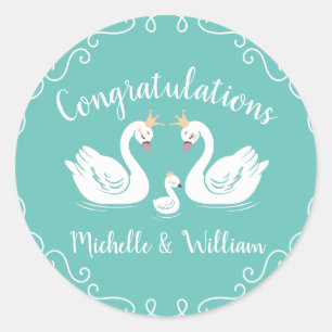Swans Baby Shower Bird with Crown Co-Ed Teal Classic Round Sticker