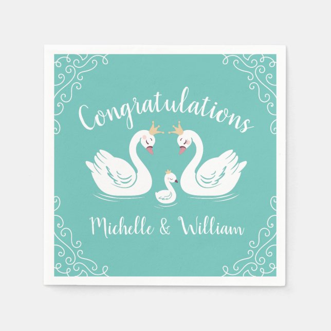 Swans Baby Shower Bird with Crown Co-Ed Teal Napkin (Front)