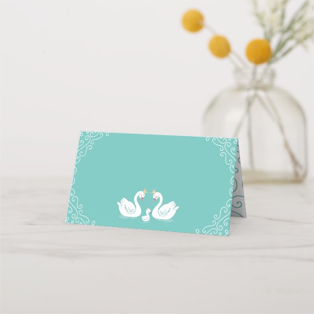 Swans Baby Shower Bird with Crown Co-Ed Teal Place Card (Front)