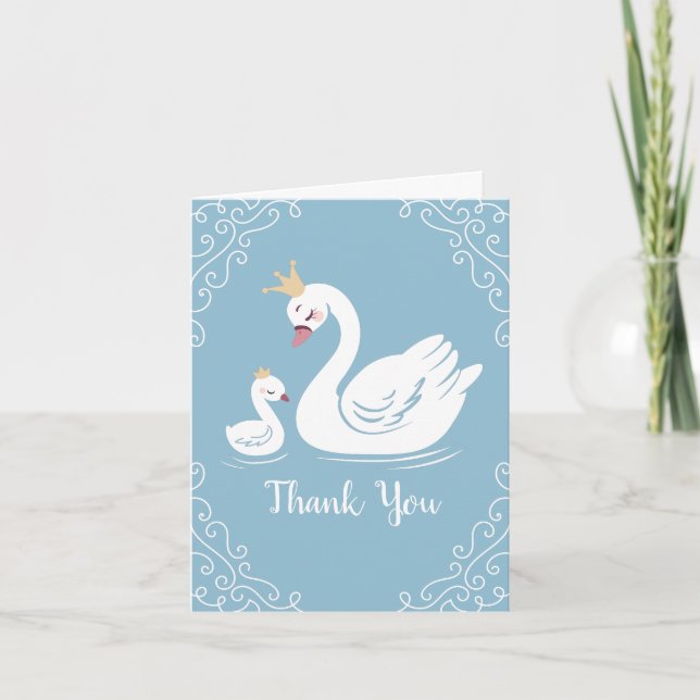 Swans Baby Shower Bird with Crown Theme Blue Thank You Card (Front)