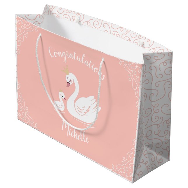 Swans Baby Shower Bird with Crown Theme Peach Large Gift Bag (Back Angled)