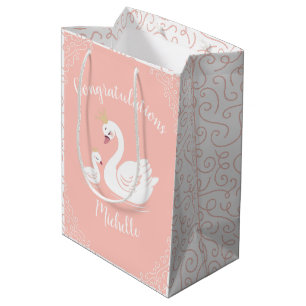 Swans Baby Shower Bird with Crown Theme Peach Medium Gift Bag
