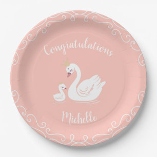 Swans Baby Shower Bird with Crown Theme Peach Paper Plate