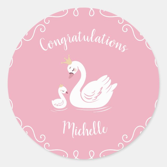 Swans Baby Shower Bird with Crown Theme Pink Classic Round Sticker (Front)