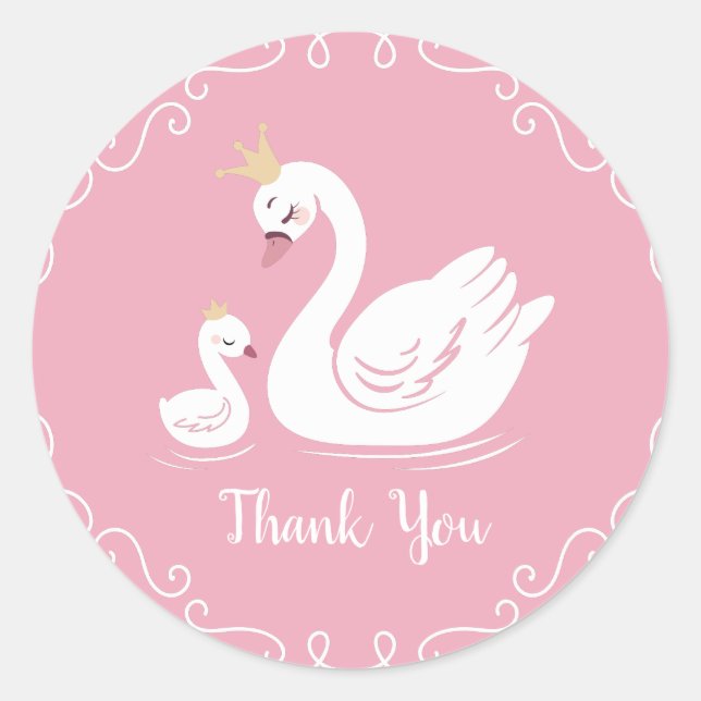 Swans Baby Shower Bird with Crown Theme Pink Classic Round Sticker (Front)