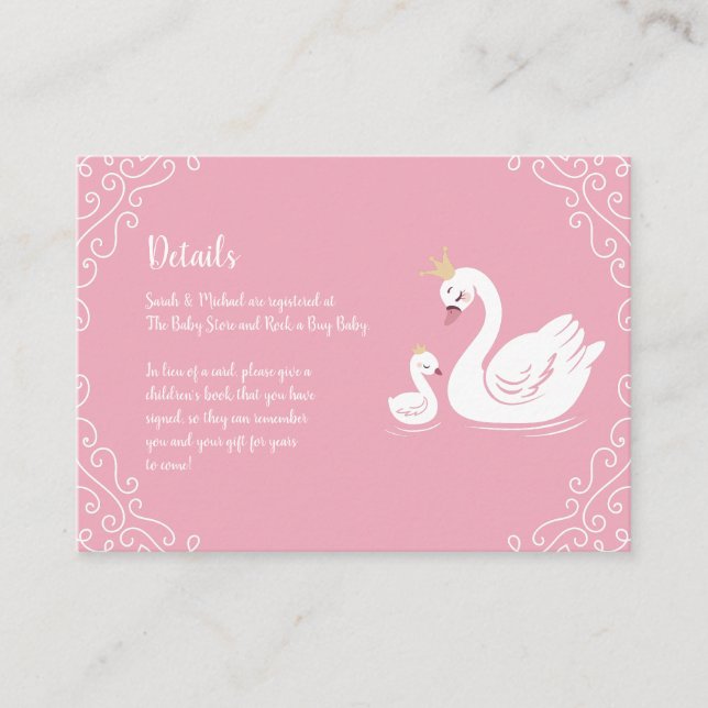 Swans Baby Shower Bird with Crown Theme Pink Enclosure Card (Front)