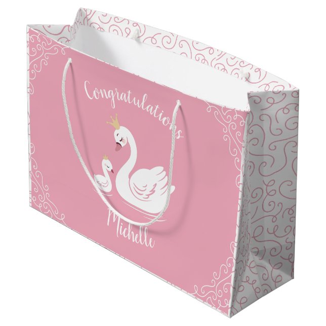 Swans Baby Shower Bird with Crown Theme Pink Large Gift Bag (Back Angled)
