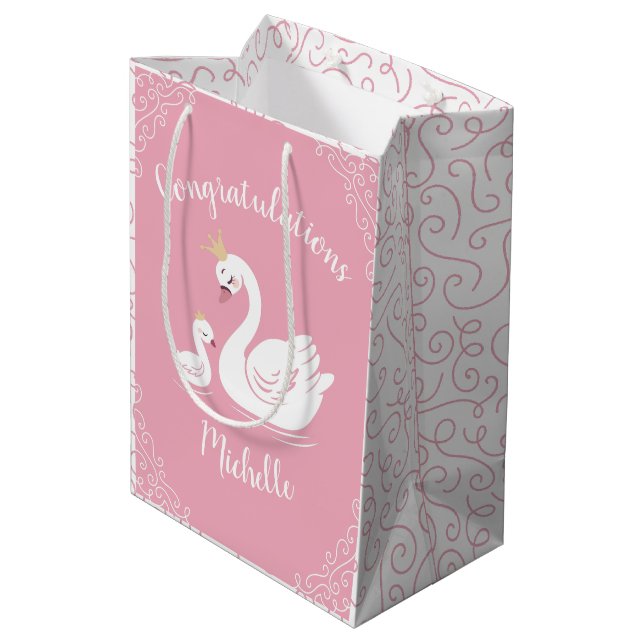 Swans Baby Shower Bird with Crown Theme Pink Medium Gift Bag (Back Angled)
