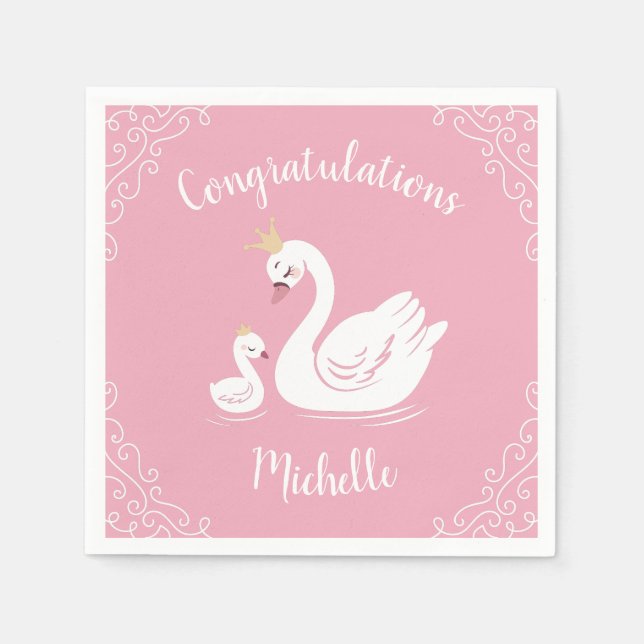 Swans Baby Shower Bird with Crown Theme Pink Napkin (Front)