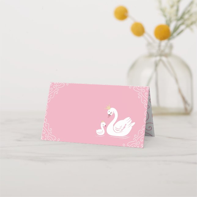 Swans Baby Shower Bird with Crown Theme Pink Place Card (Front)