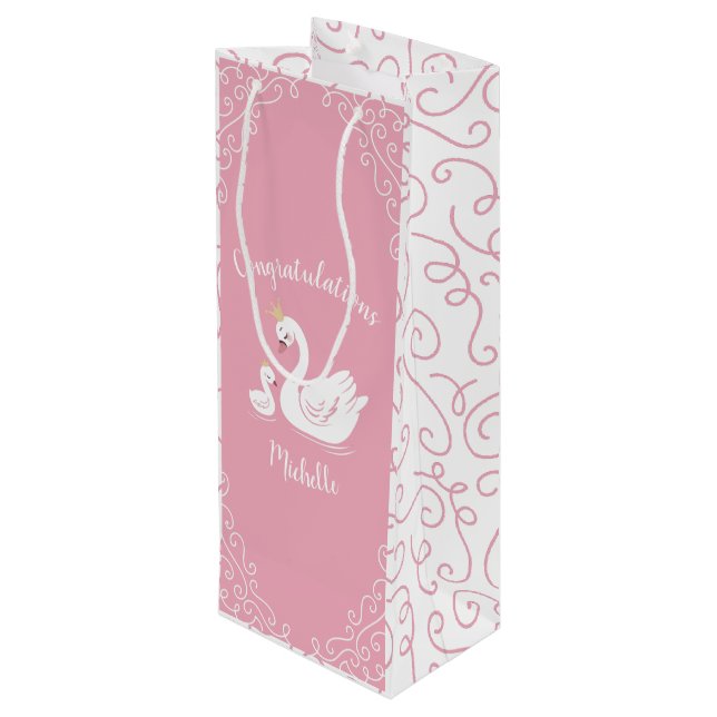 Swans Baby Shower Bird with Crown Theme Pink Wine Gift Bag (Back Angled)