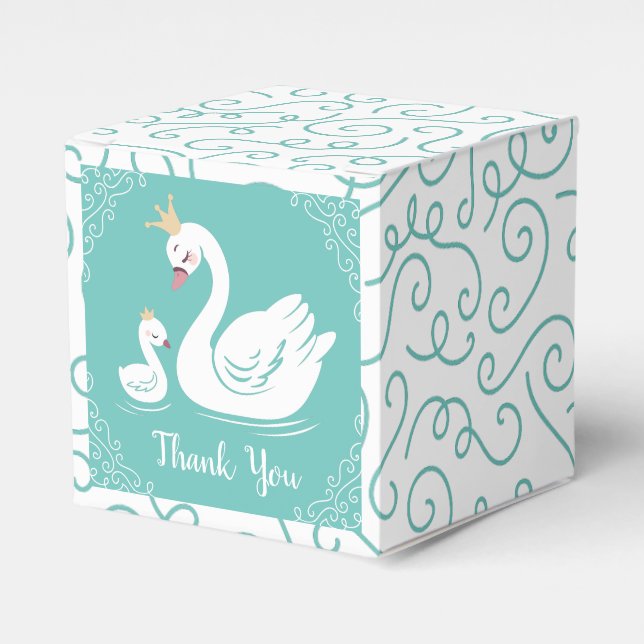Swans Baby Shower Bird with Crown Theme Teal Favour Box (Front Side)