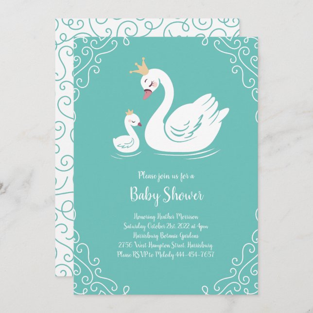 Swans Baby Shower Bird with Crown Theme Teal Invitation (Front/Back)