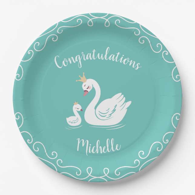 Swans Baby Shower Bird with Crown Theme Teal Paper Plate (Front)