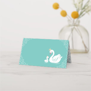 Swans Baby Shower Bird with Crown Theme Teal Place Card