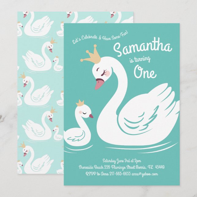 Swans Cute 1st Birthday Party Invitation (Front/Back)