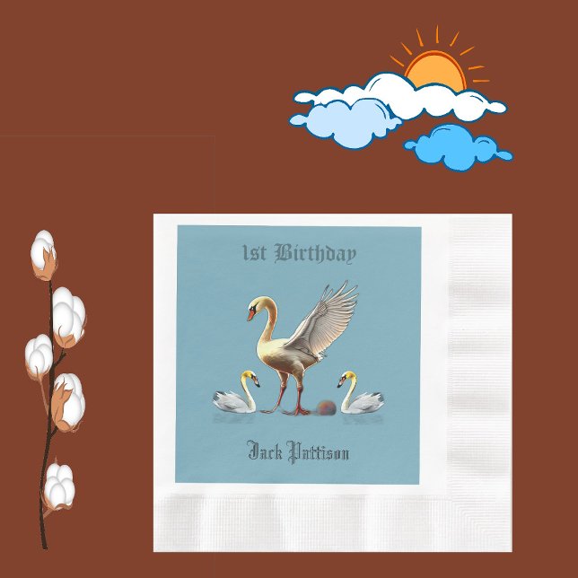 Swans Decor Setting Sky Birds 1st Birthday Party  Napkin (Swans Decor Setting Sky Birds 1st Birthday Party Napkins)