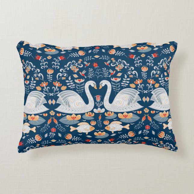 Swans, fish, flowers, folk pattern. decorative cushion (Front)