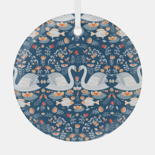 Swans, fish, flowers, folk pattern. glass tree decoration