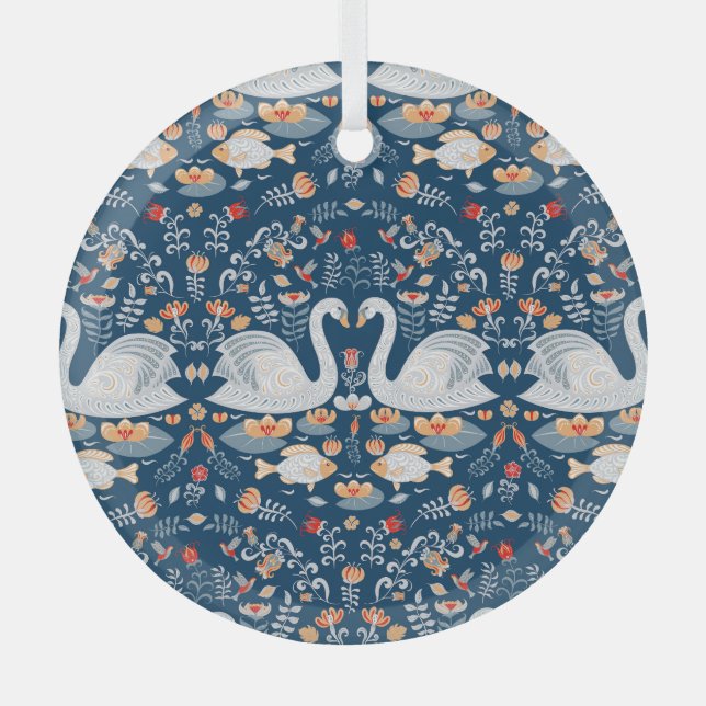 Swans, fish, flowers, folk pattern. glass tree decoration (Front)