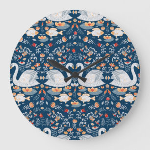 Swans, fish, flowers, folk pattern. large clock