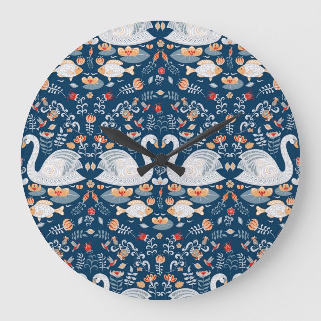 Swans, fish, flowers, folk pattern. large clock (Front)