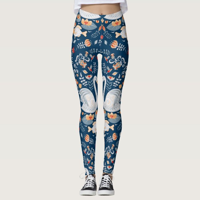 Swans, fish, flowers, folk pattern. leggings (Front)