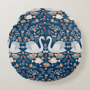 Swans, fish, flowers, folk pattern. round cushion