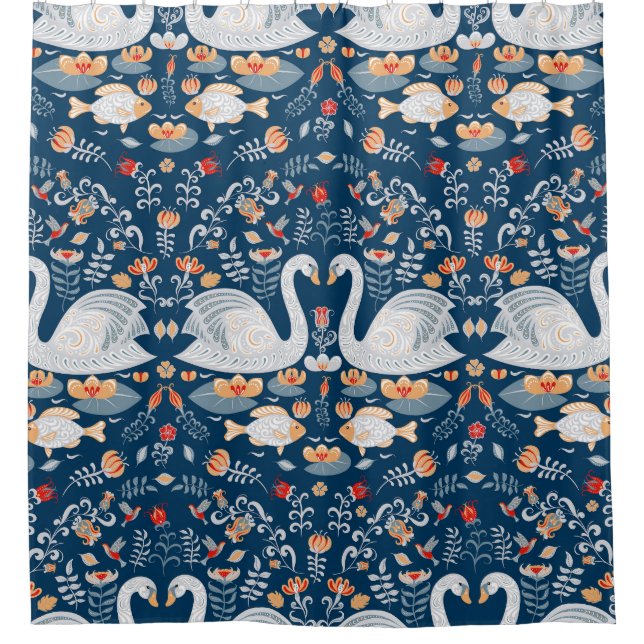 Swans, fish, flowers, folk pattern. shower curtain (Front)