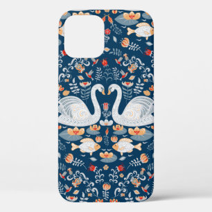 Swans,fish,flowers on a blue background. Decorativ iPhone 12 Case