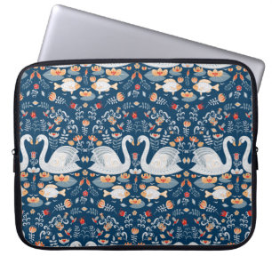 Swans,fish,flowers on a blue background. Decorativ Laptop Sleeve