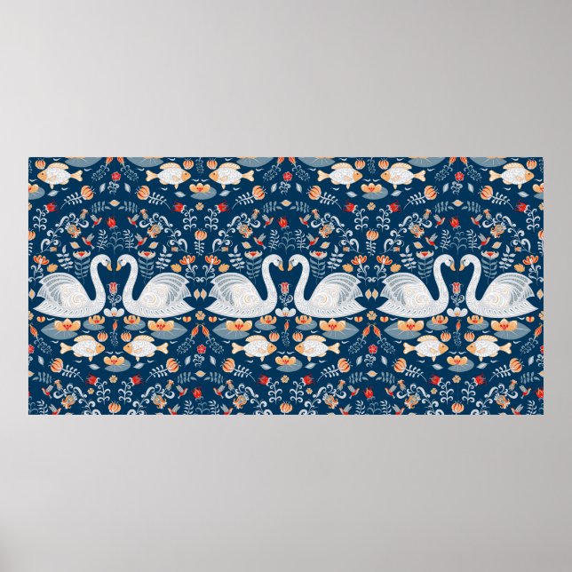 Swans,fish,flowers on a blue background. Decorativ Poster (Front)