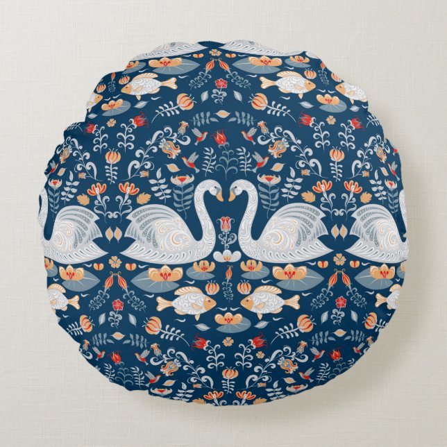 Swans,fish,flowers on a blue background. Decorativ Round Cushion (Front)