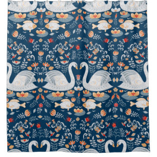 Swans,fish,flowers on a blue background. Decorativ Shower Curtain