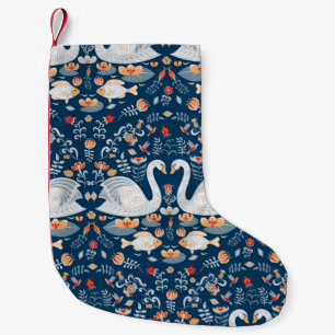 Swans,fish,flowers on a blue background. Decorativ Small Christmas Stocking