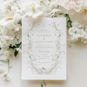 Swans Floral Frame Monogram Wedding  Invitation