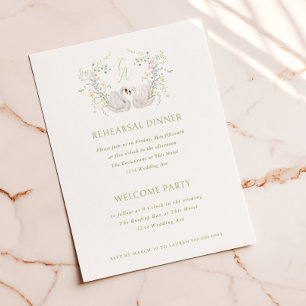 Swans Floral Monogram Crest Rehearsal Dinner Invitation