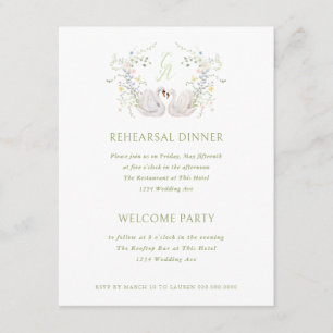 Swans Floral Monogram Crest Rehearsal Dinner Invitation