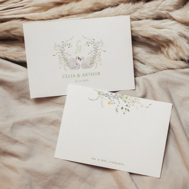 Swans Floral Monogram Crest Wedding Thank You Card (Creator Uploaded)