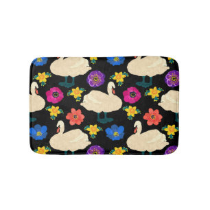 Swans, flowers, hand-drawn black background. bath mat