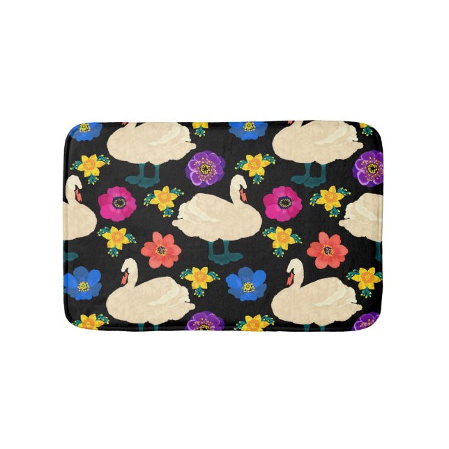 Swans, flowers, hand-drawn black background. bath mat (Front)