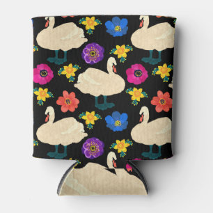 Swans, flowers, hand-drawn black background. can cooler